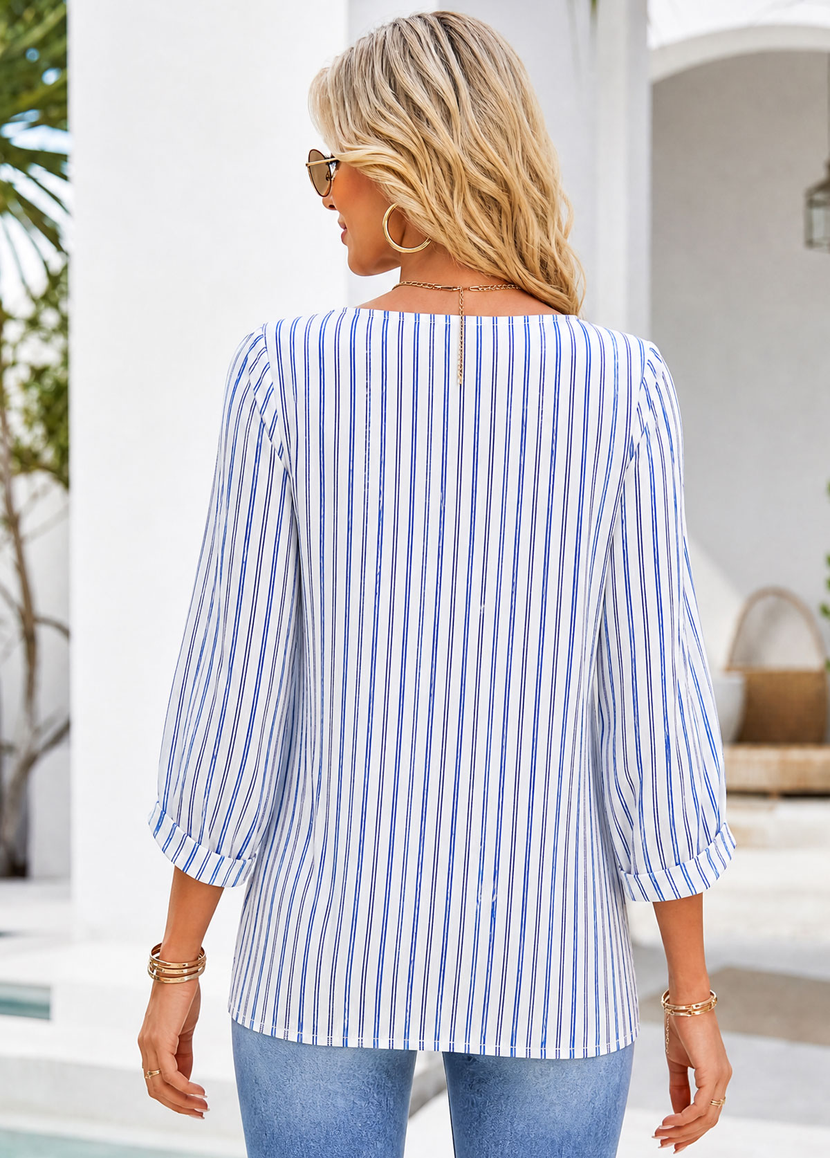 Women Striped Notched Neck 3/4 Sleeve Blouse