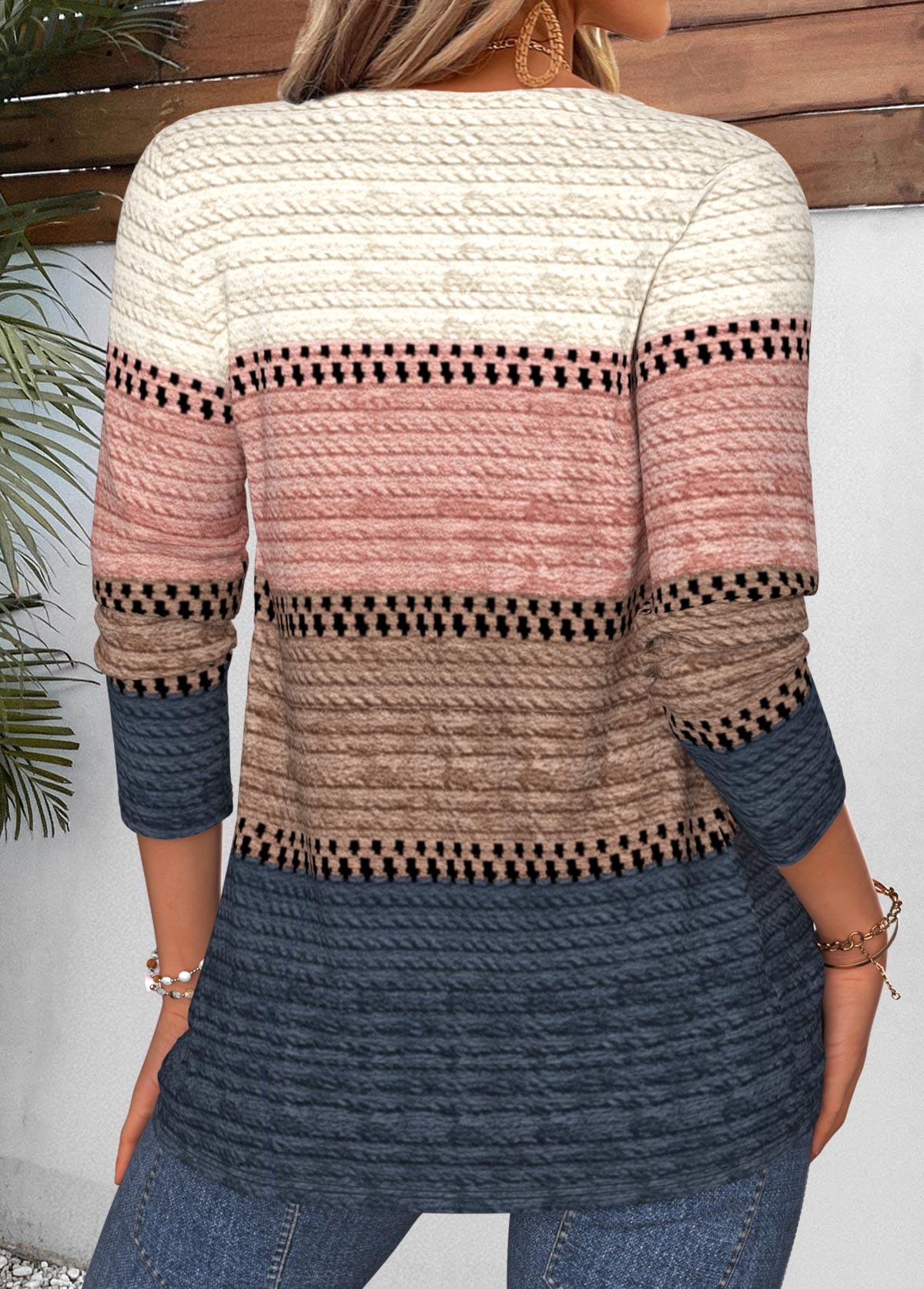 Women Striped Color Block Henley Button Textured Long Sleeve Top