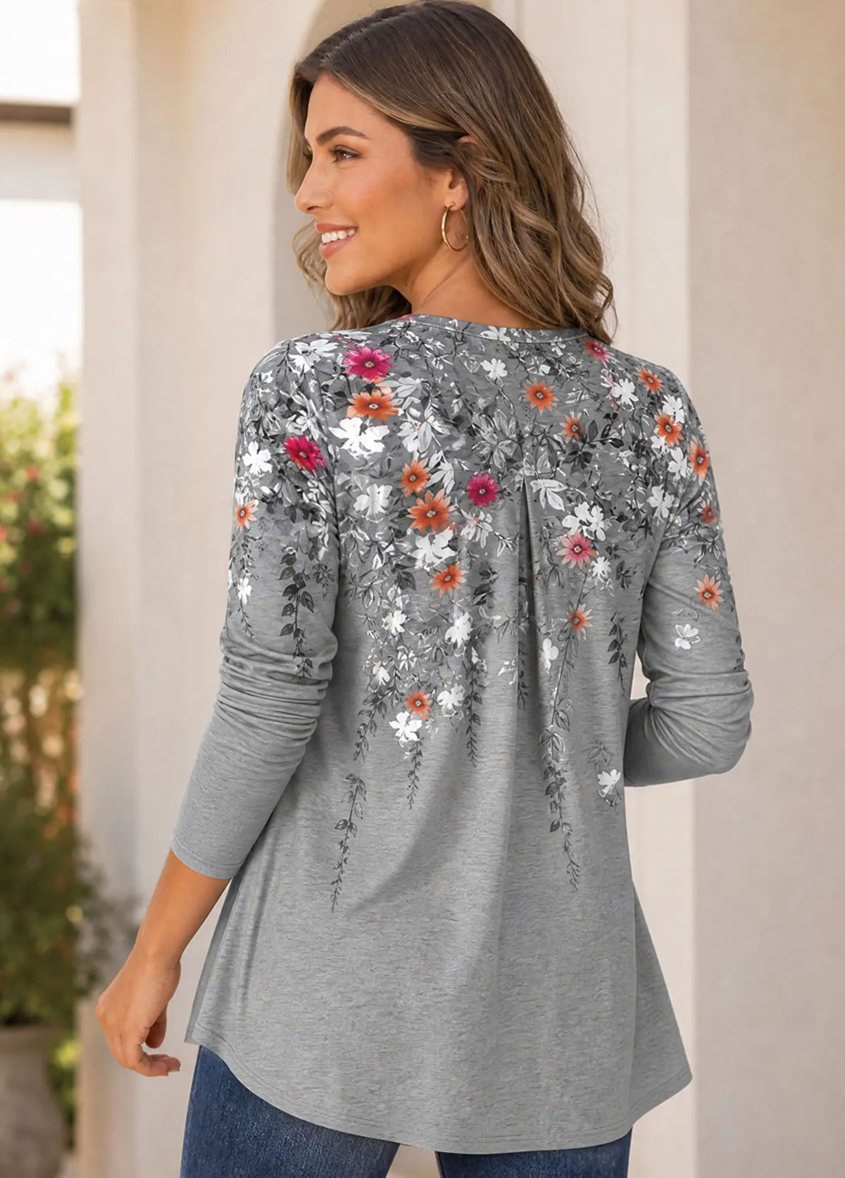 Women Fake Two‑Piece Floral 3/4 Sleeve Henley Casual Top
