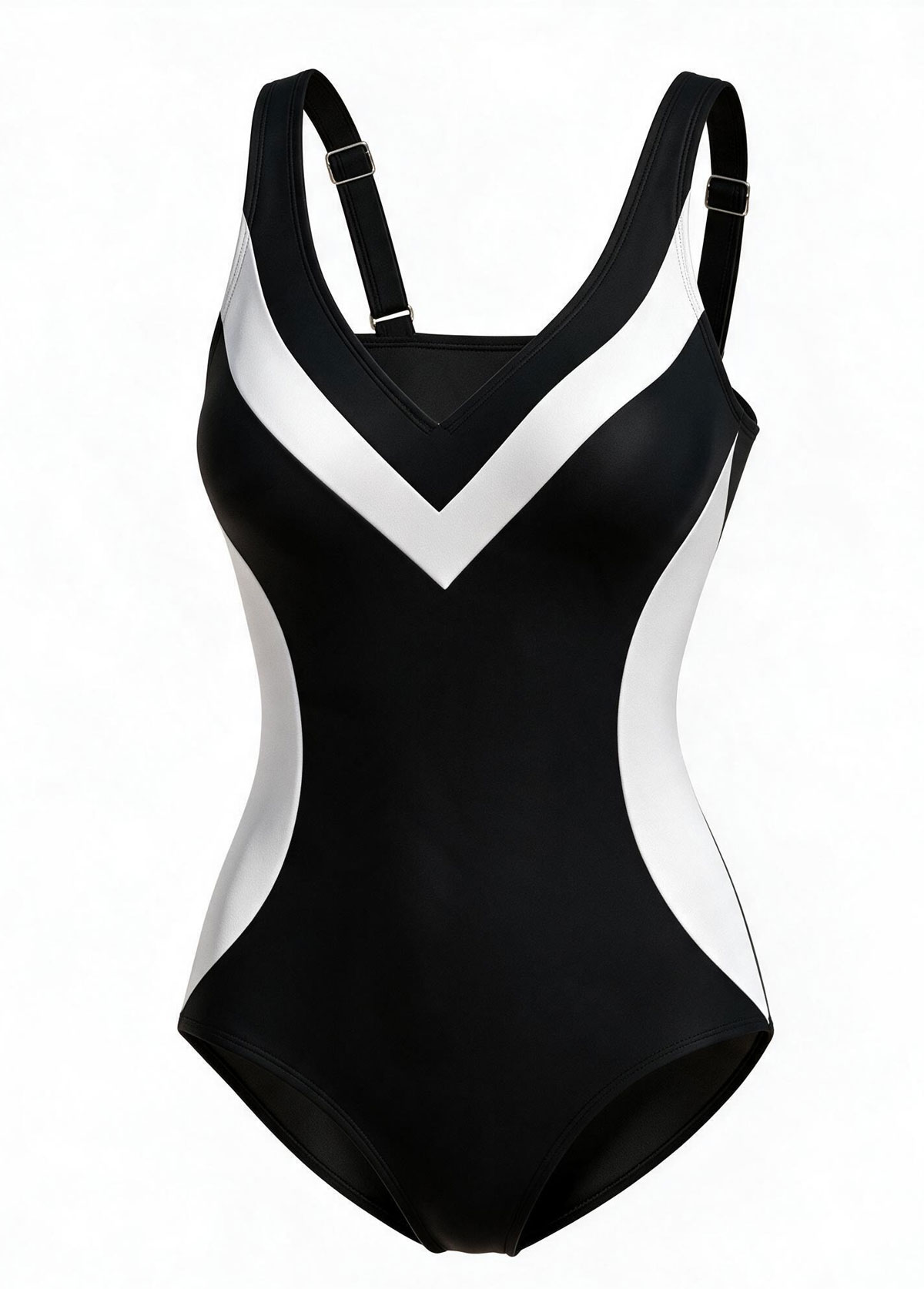 Black White Colorblock V‑Neck One Piece Swimsuit