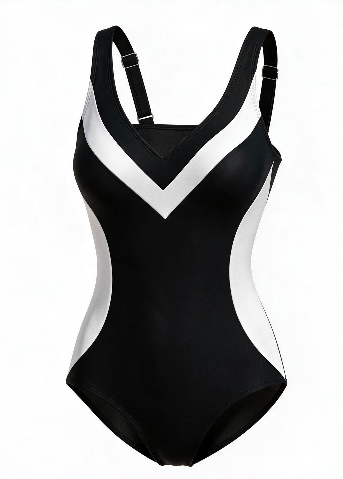 Black White Colorblock V‑Neck One Piece Swimsuit