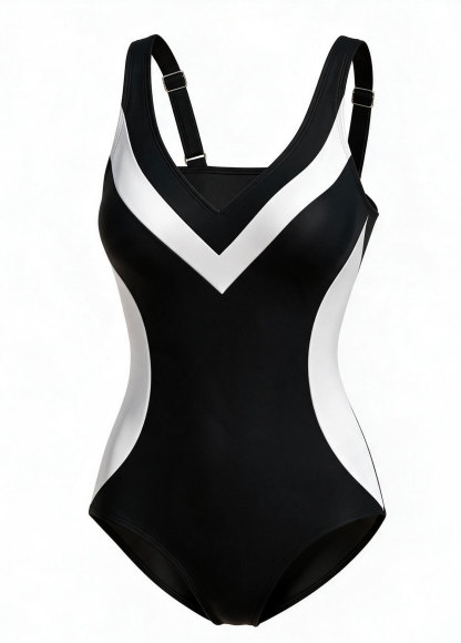Black White Colorblock V‑Neck One Piece Swimsuit