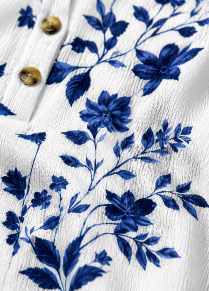 Women Blue Floral Print Roll‑Up Sleeve Casual Top