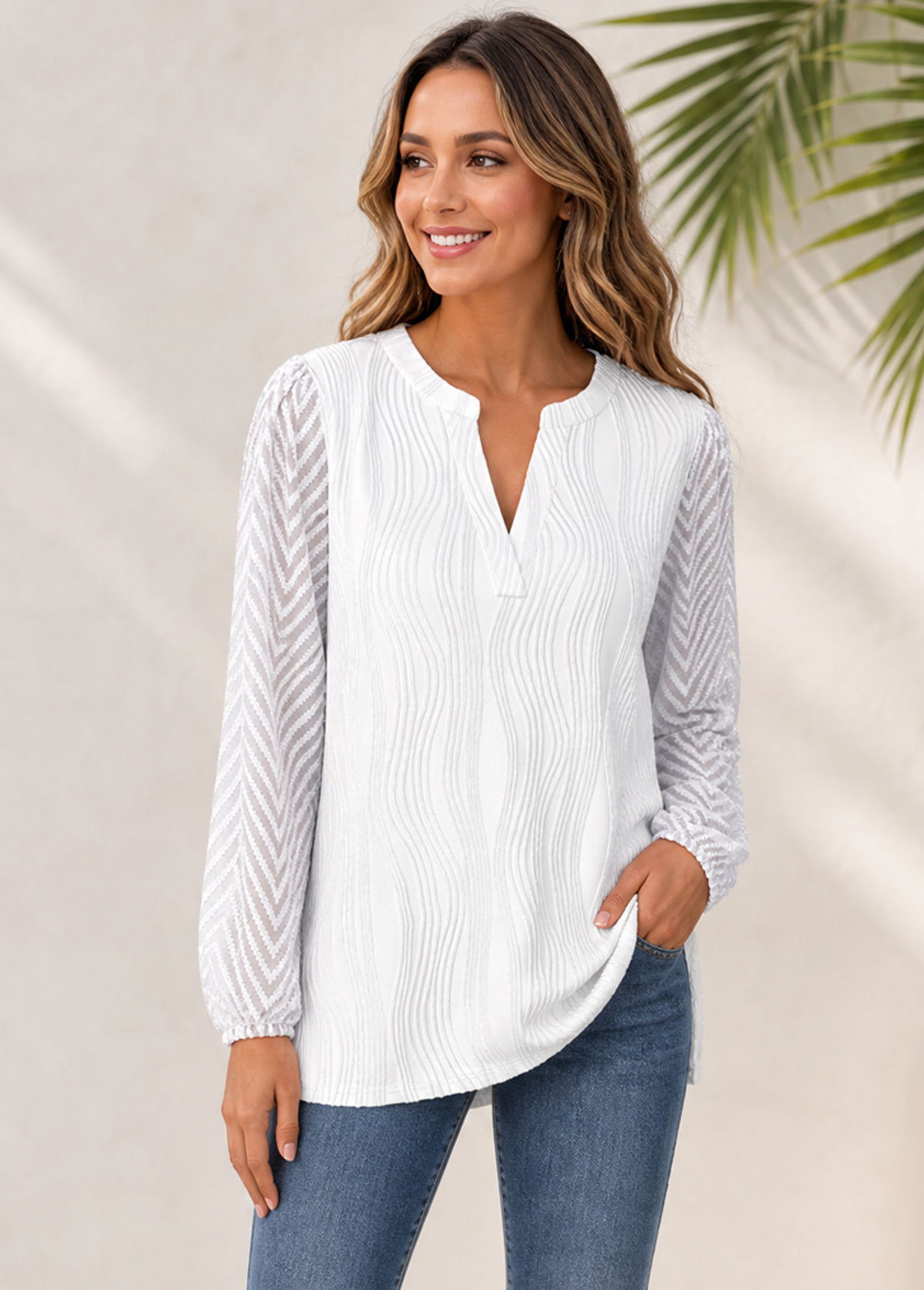 Women Textured Notched Neck Long Sleeve Blouse