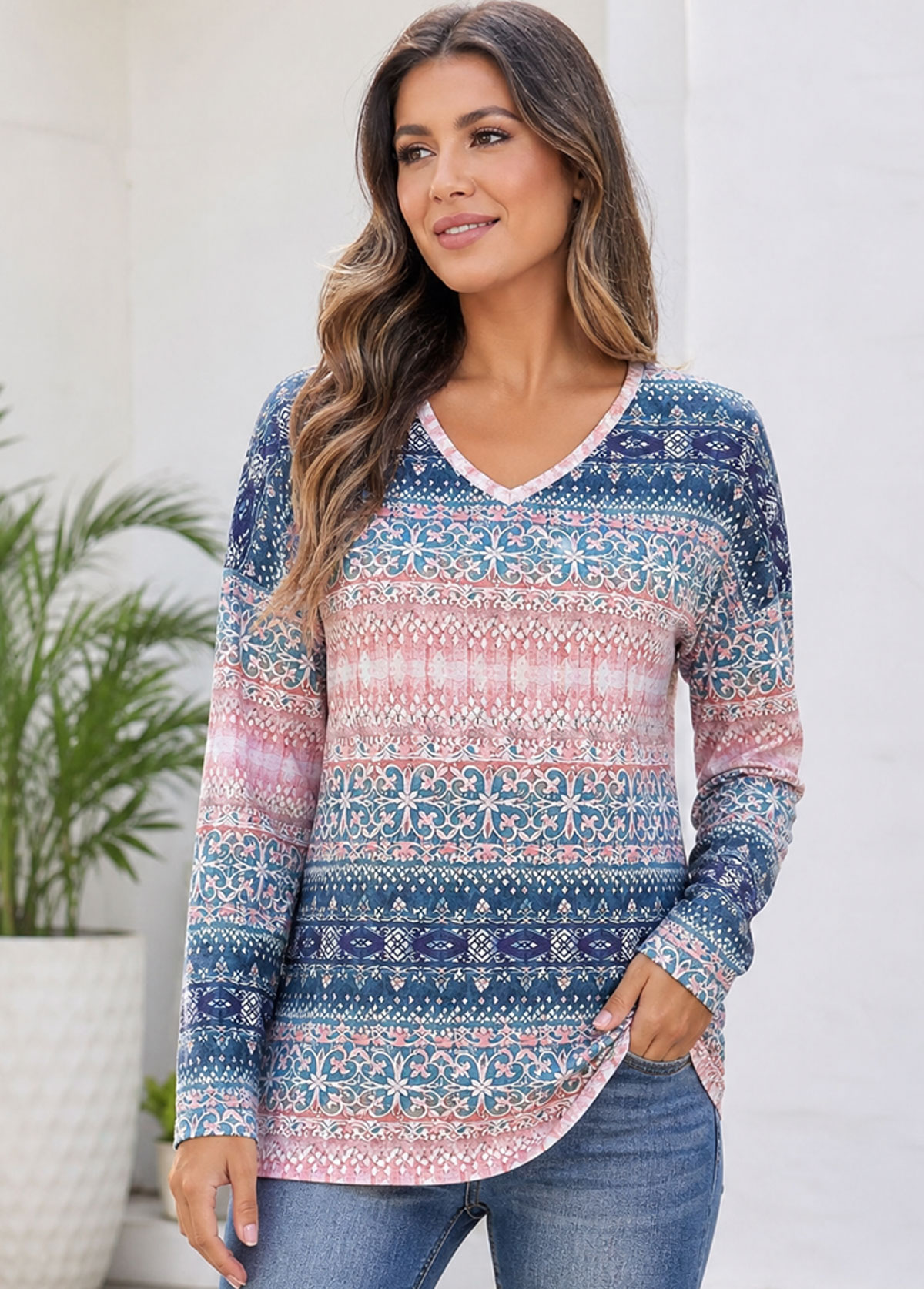 Women Boho Geometric Long Sleeve V‑Neck Tunic Top