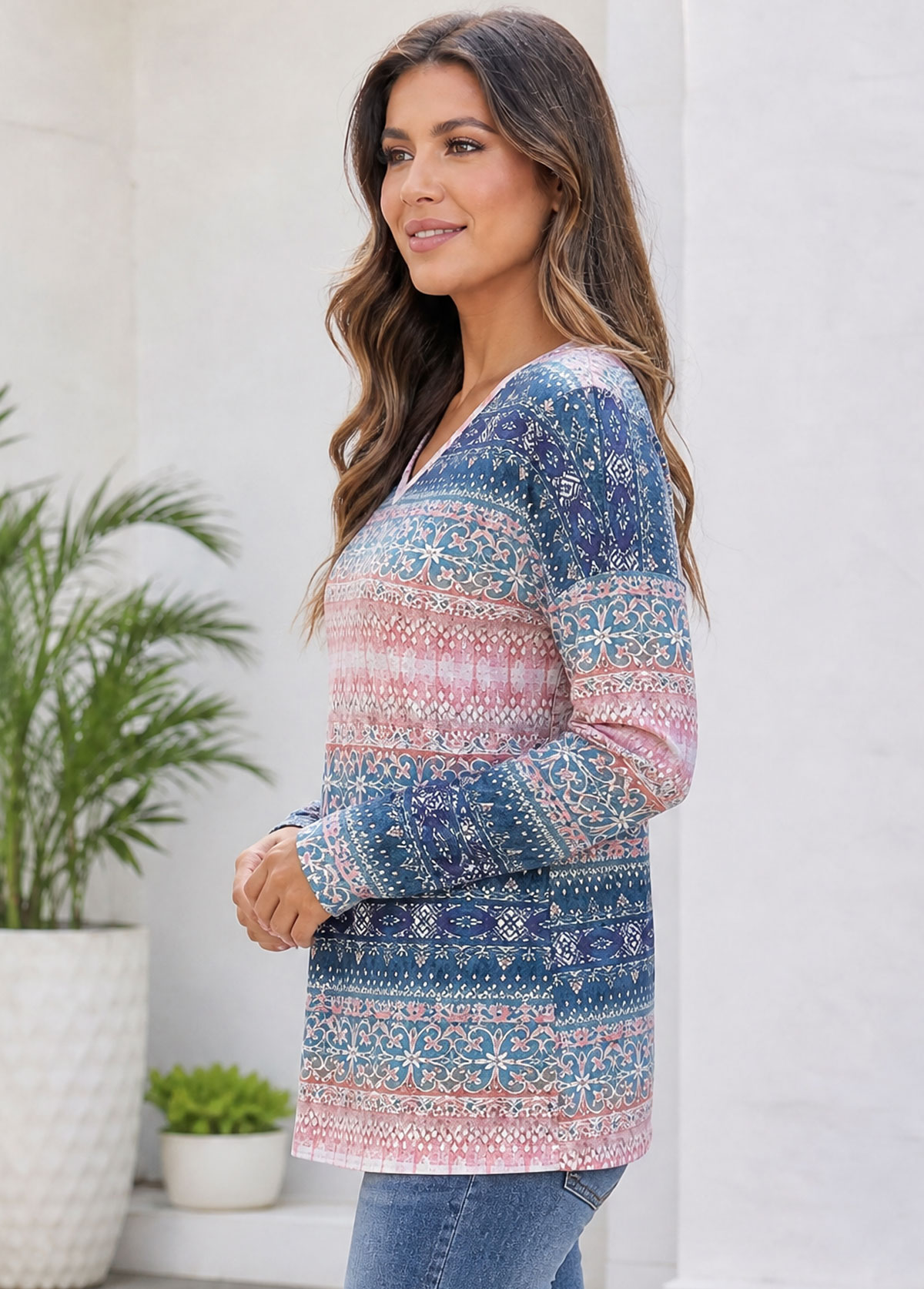Women Boho Geometric Long Sleeve V‑Neck Tunic Top