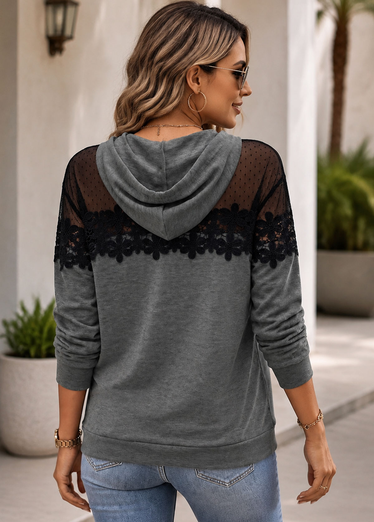 Women Dotted Mesh Floral Lace Long Sleeve Hoodie