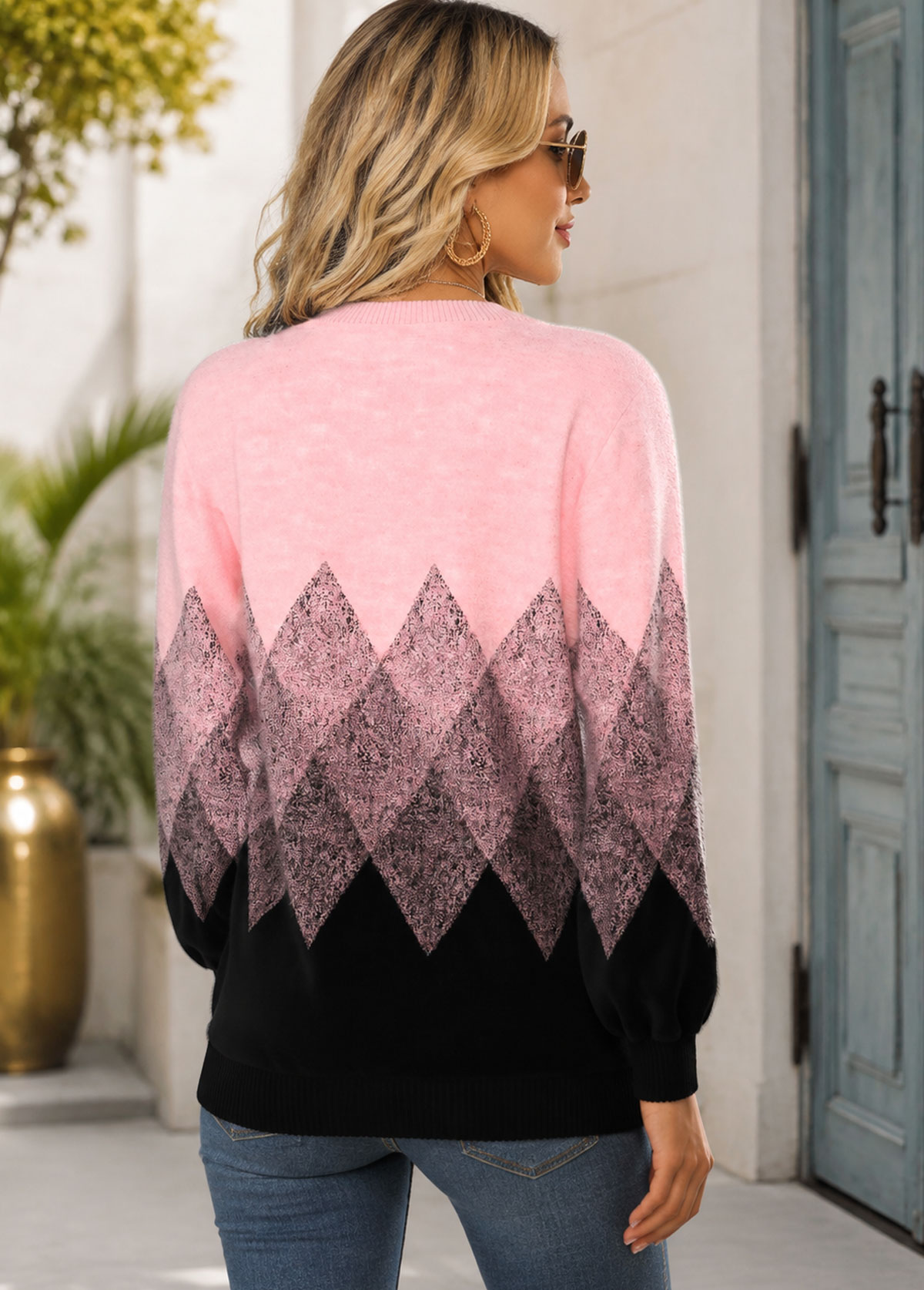 Women Notched V‑Neck Argyle Print Long Sleeve Sweater