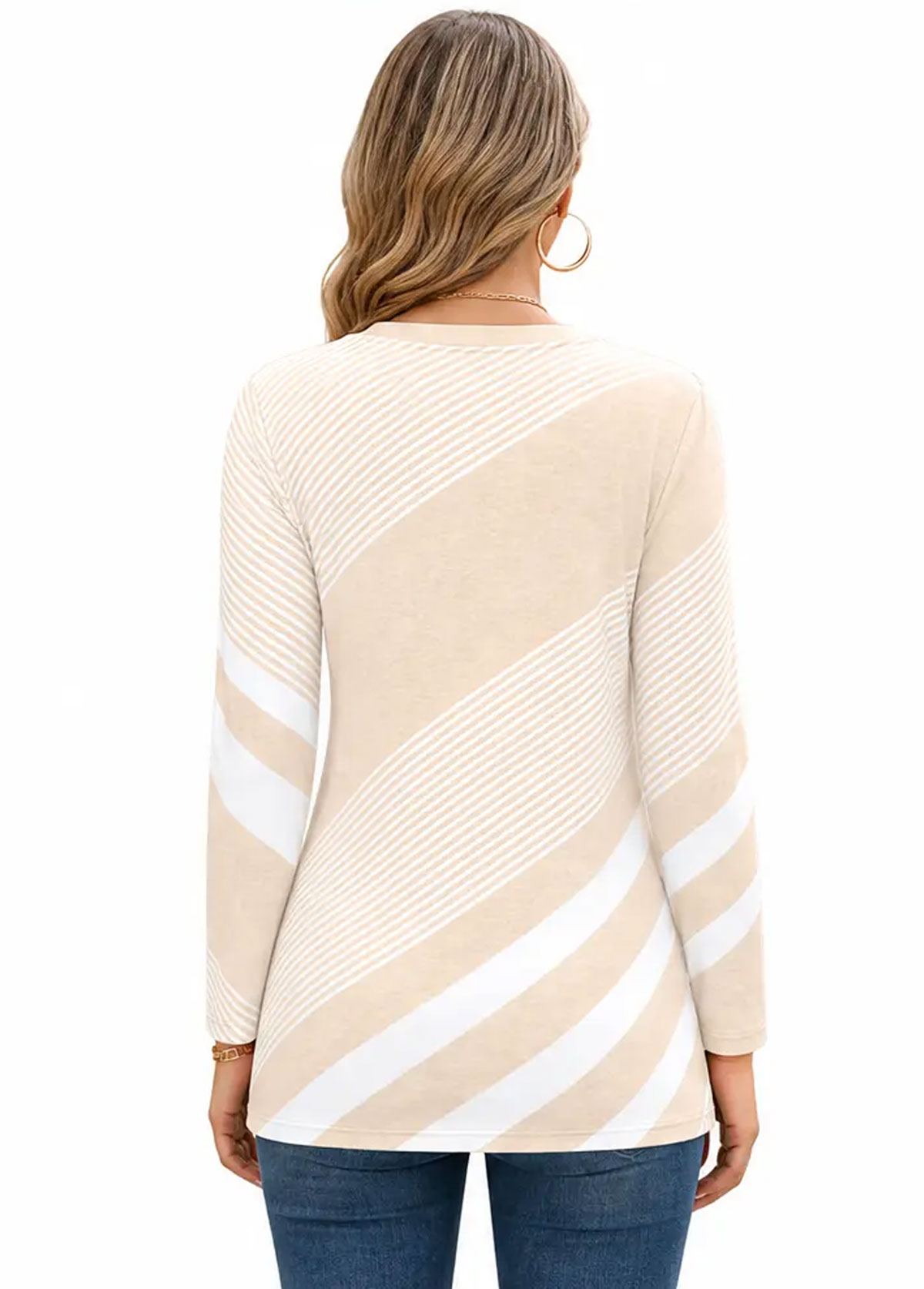 Women Diagonal Stripe Henley Long Sleeve Casual Top