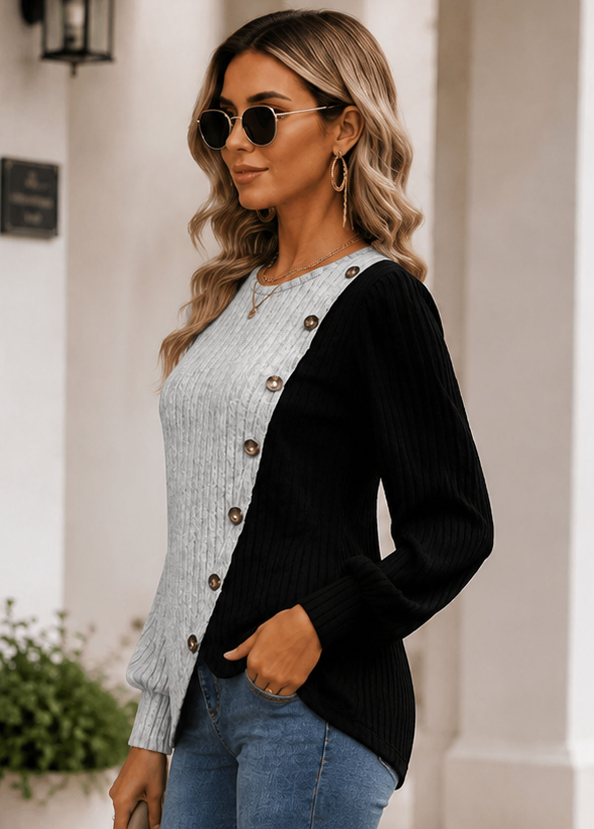 Women Color Block Button Detail Ribbed Long Sleeve Top