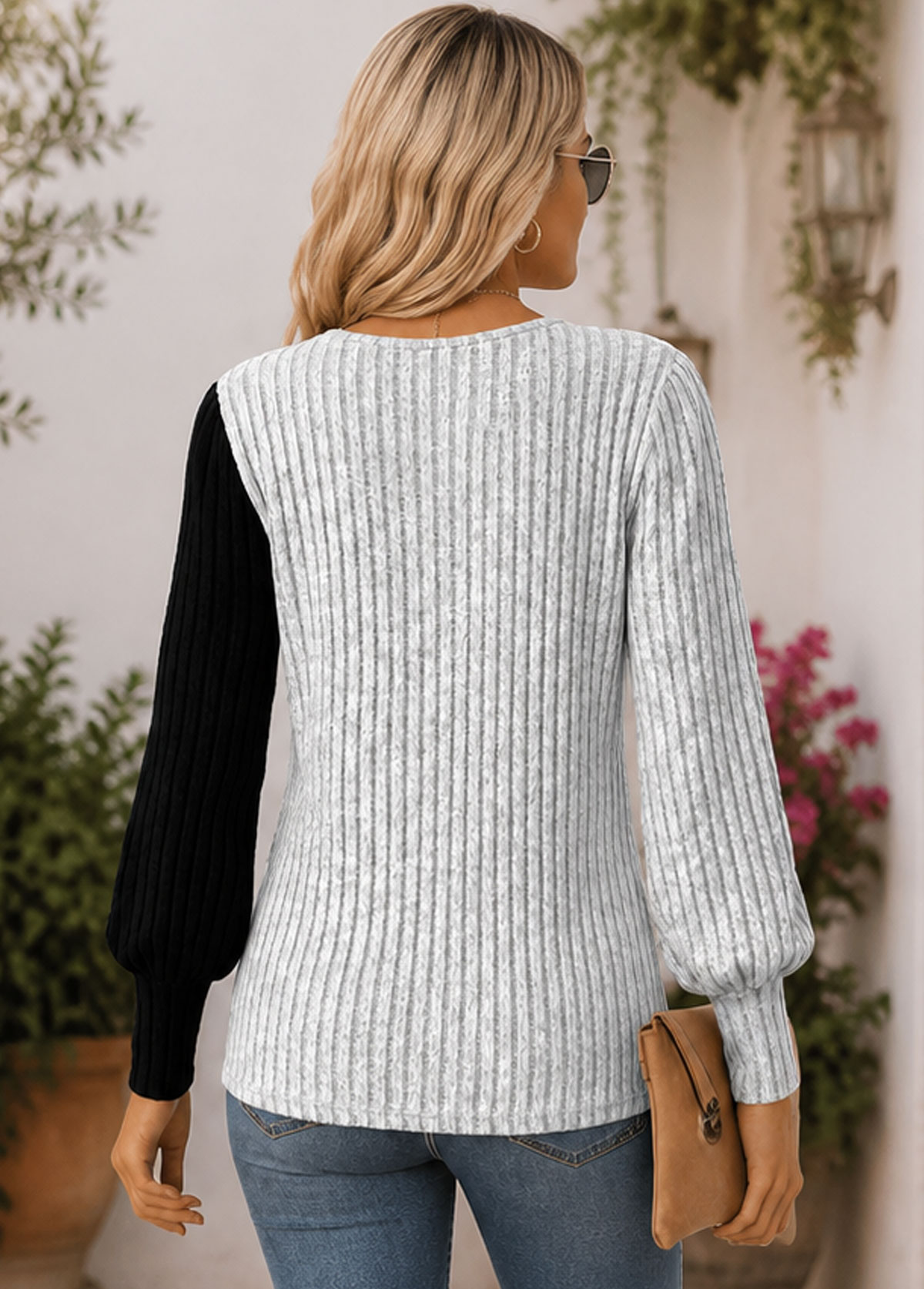 Women Color Block Button Detail Ribbed Long Sleeve Top
