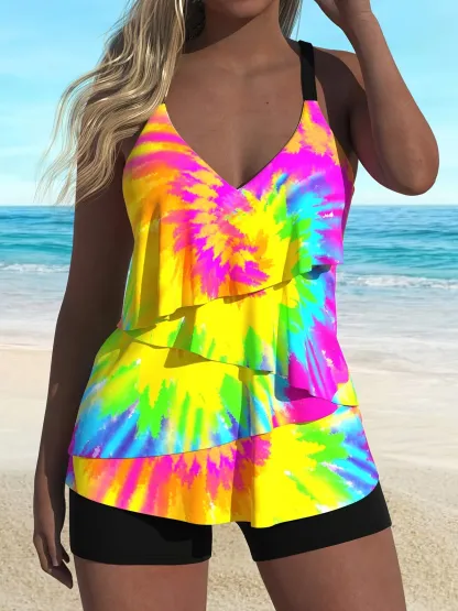  Layered Hem Ombre Tied Tankini Set 