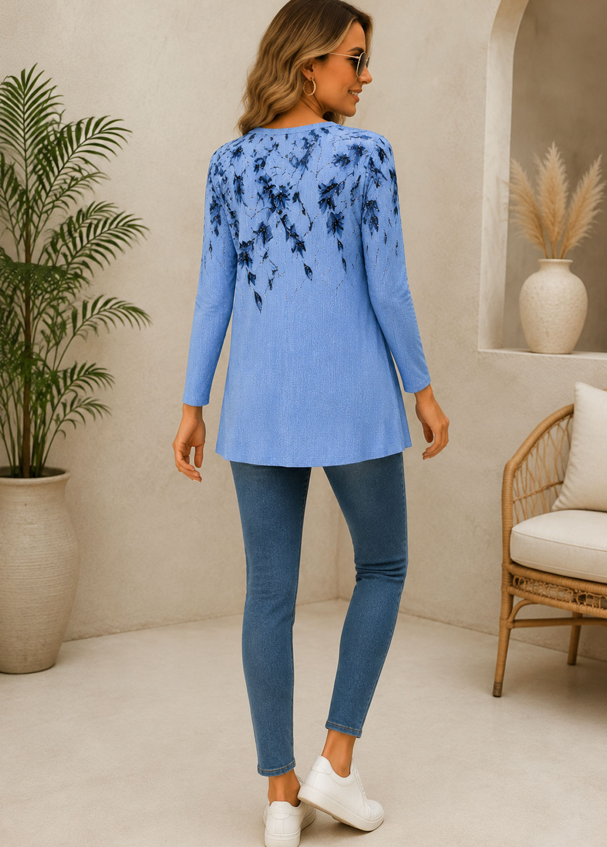 Women Floral Print Henley 3/4 Sleeve Tunic Top