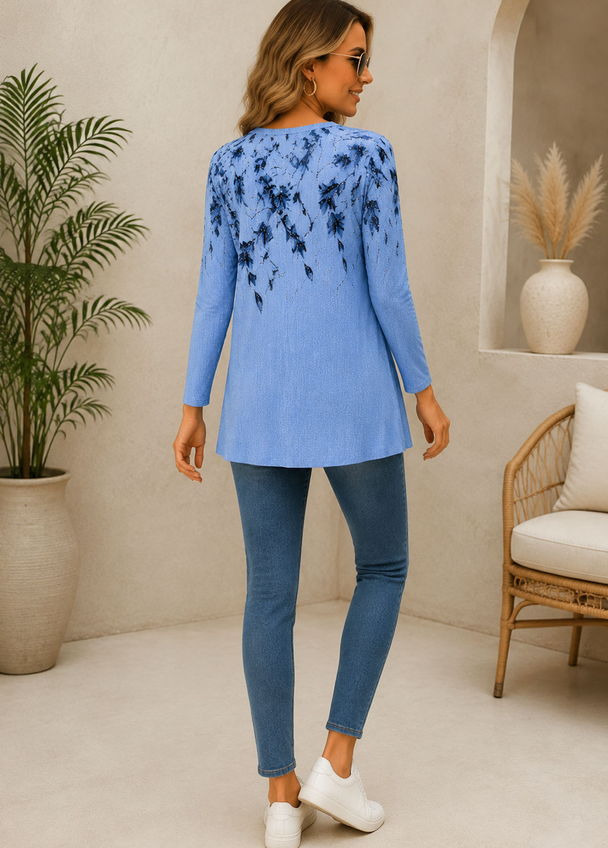 Women Floral Print Henley 3/4 Sleeve Tunic Top