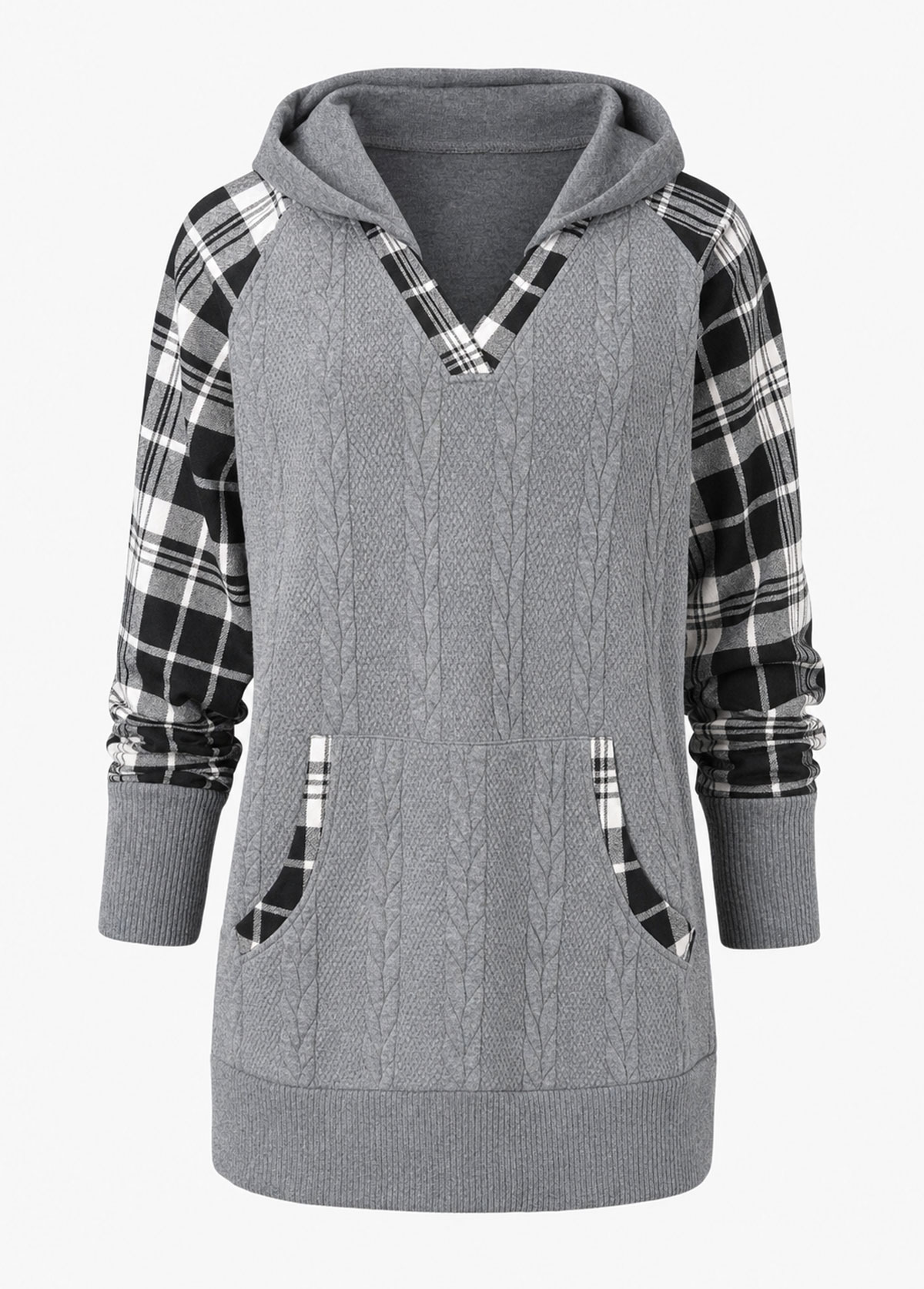 Women V‑Neck Hoodie Cable Knit Plaid Patchwork Long Sleeve Top