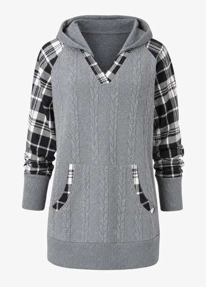 Women V‑Neck Hoodie Cable Knit Plaid Patchwork Long Sleeve Top