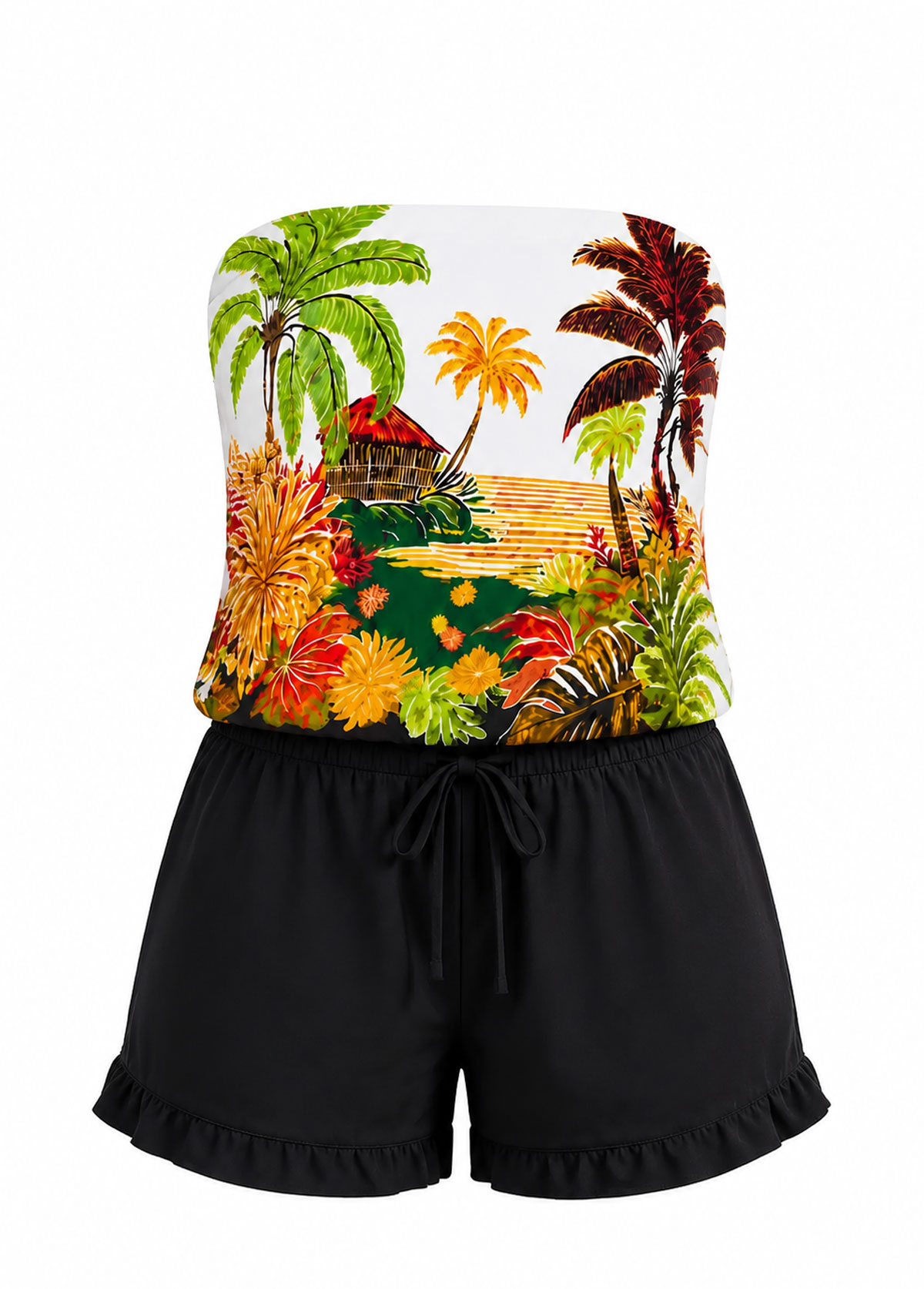 Scenic Tropical Print Bandeau Top Ruffle Short Beach Romper