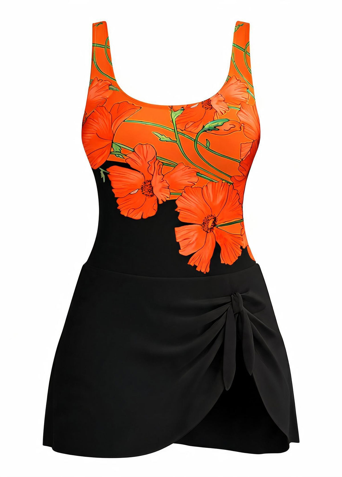 Orange Floral Print Skirted One Piece Swimsuit