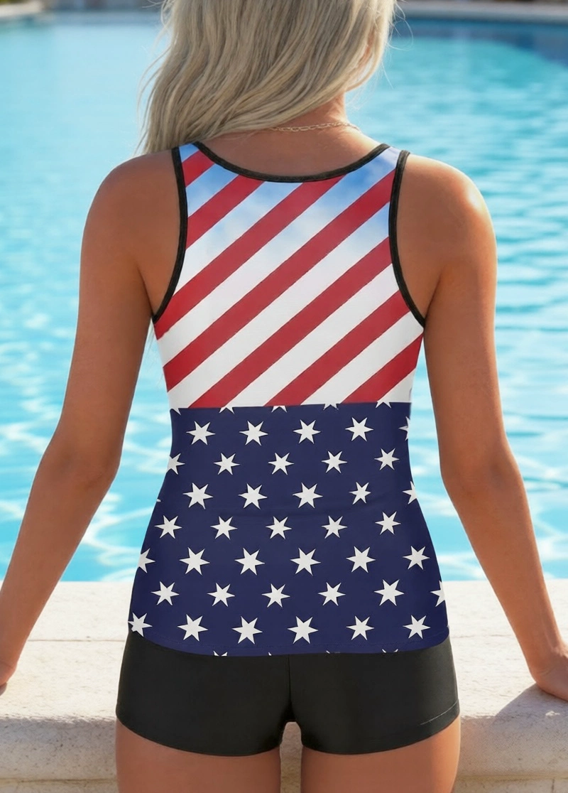 Flag Print Tummy Control Tankini Set