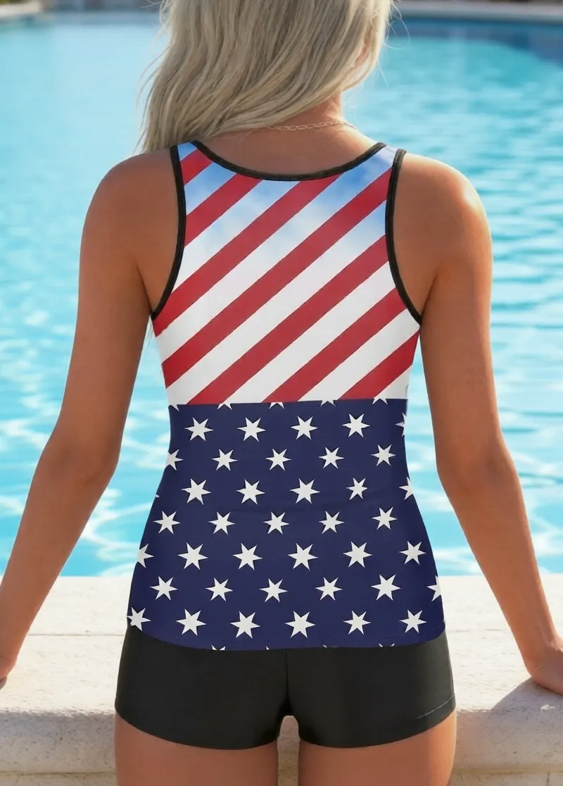 Flag Print Tummy Control Tankini Set