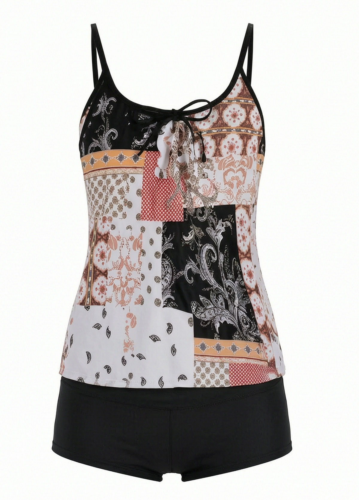 Patchwork Print Tie Front Adjustable Strap Tankini Set