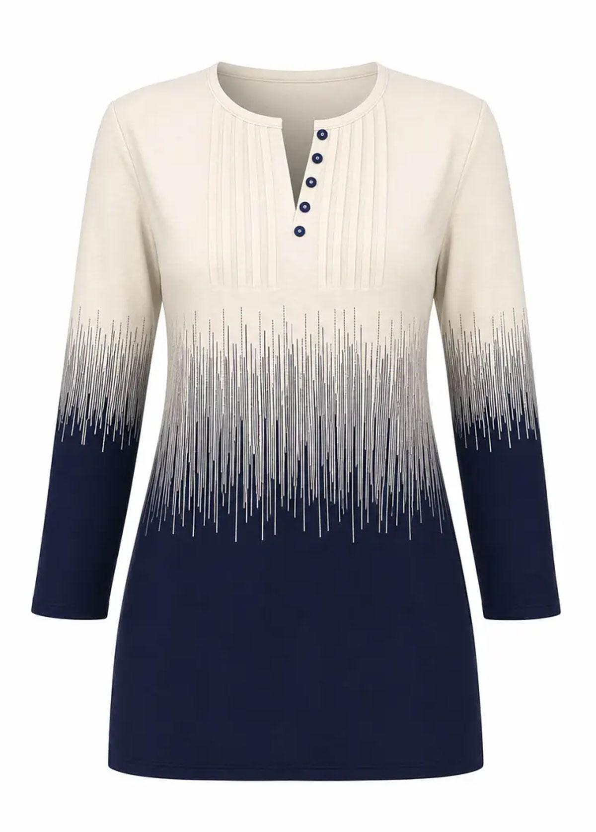 Women Henley Neck Pleated Front Gradient 3/4 Sleeve Blouse