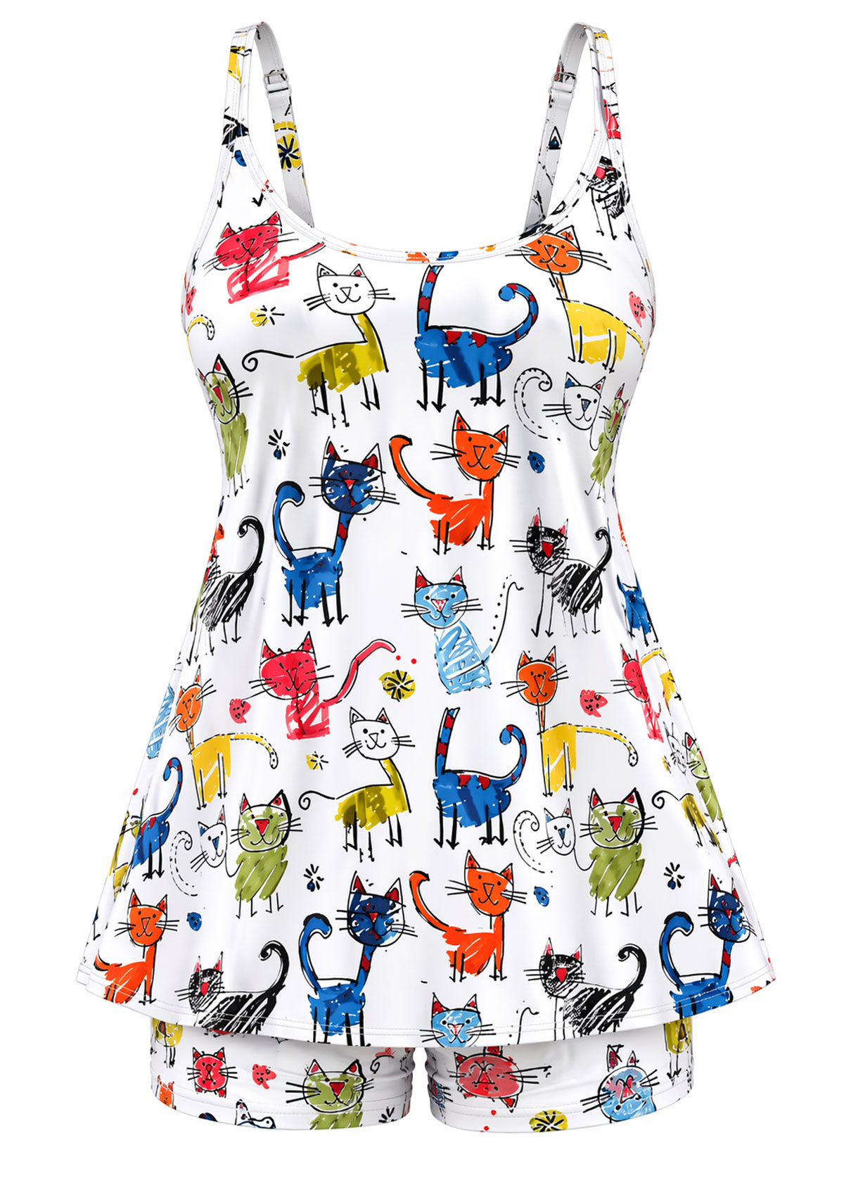 Cartoon Cat Print Adjustable Strap Tankini Set