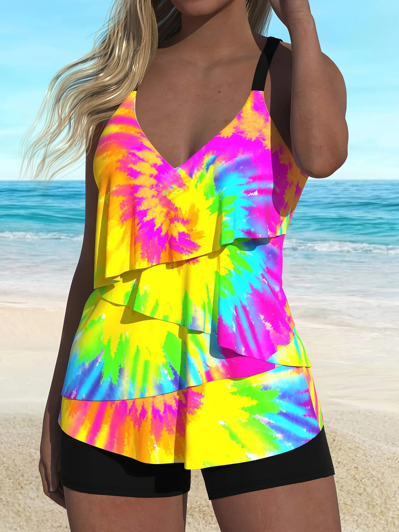  Layered Hem Ombre Tied Tankini Set 