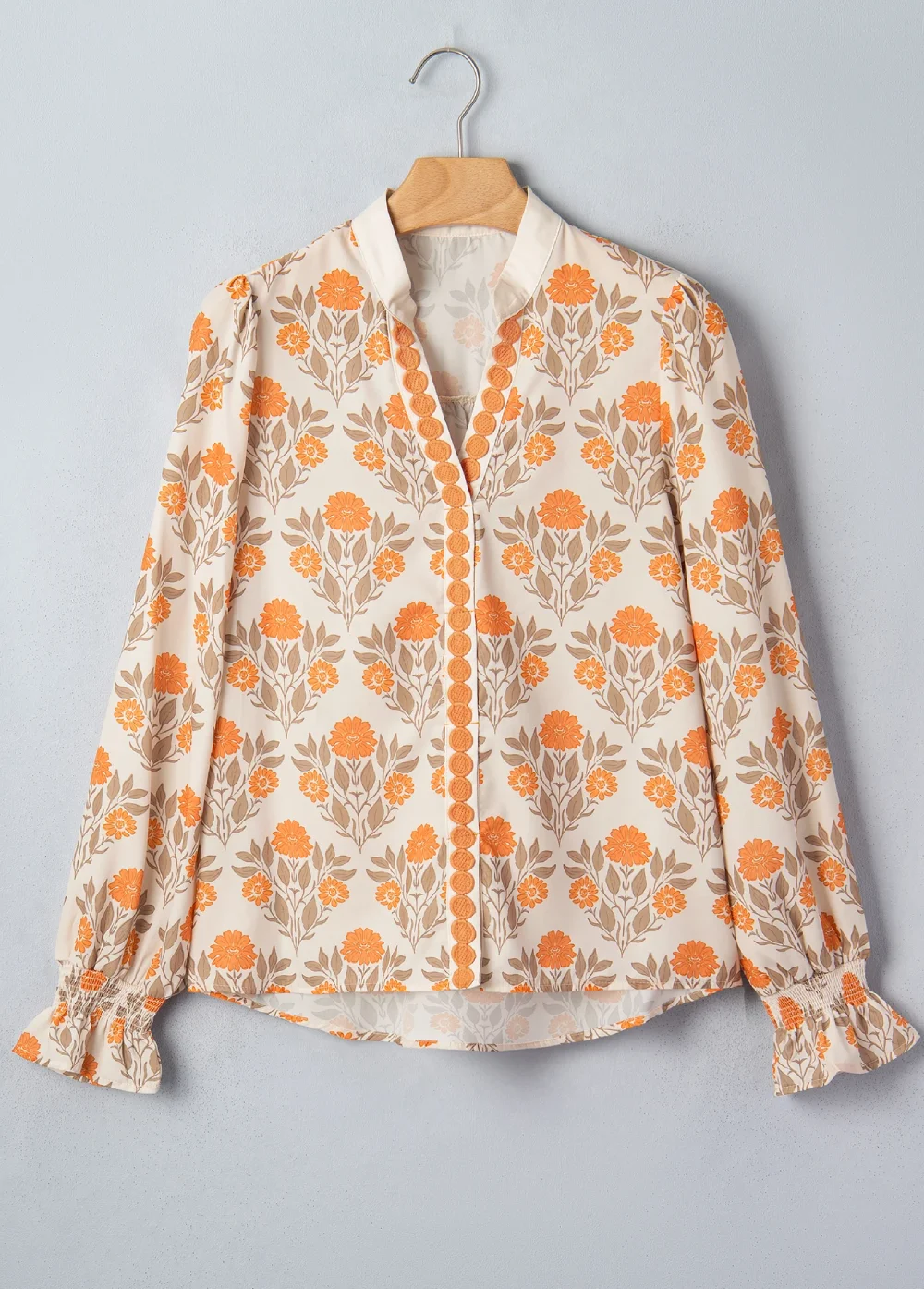 Orange Floral Print Contrast Detail V Neck Long Sleeve Blouse