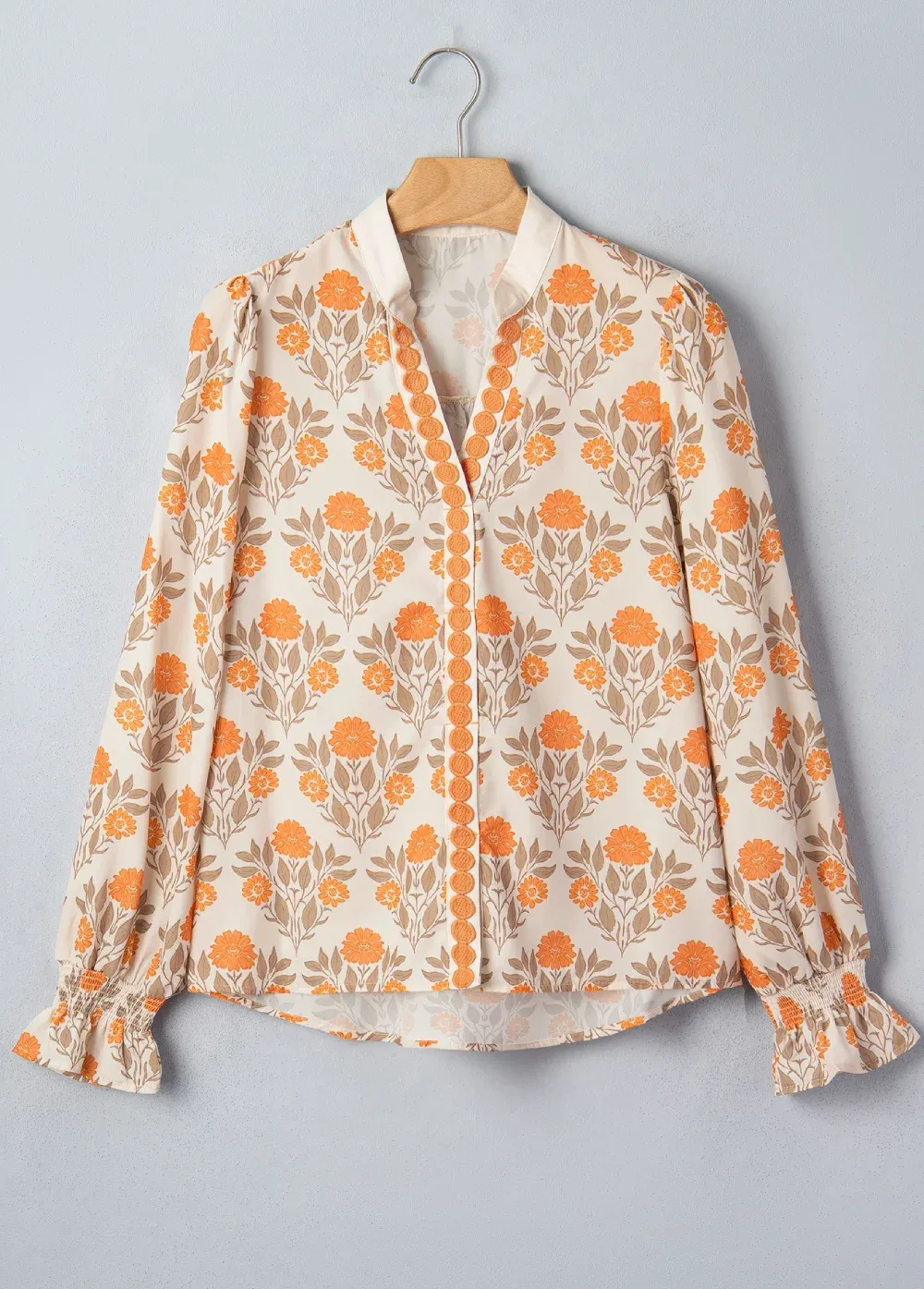 Orange Floral Print Contrast Detail V Neck Long Sleeve Blouse