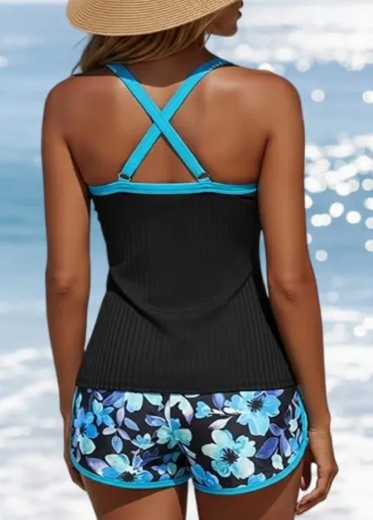 Tummy Coverage Mid Waisted Floral Print Tankini Set