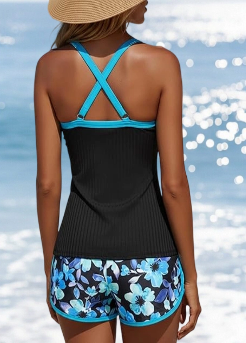 Tummy Coverage Mid Waisted Floral Print Tankini Set