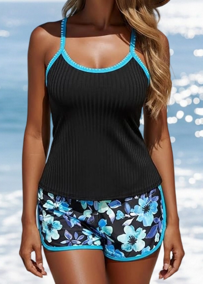 Tummy Coverage Mid Waisted Floral Print Tankini Set