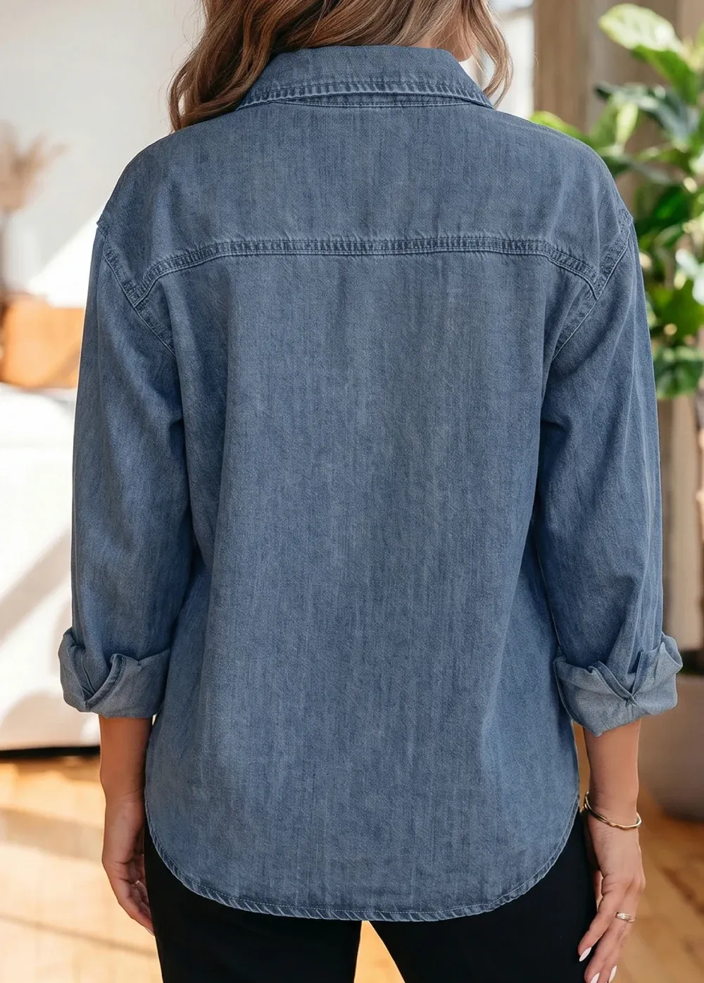 Sky Blue Color Block Pocket Detail Casual Button Down Denim Shirt