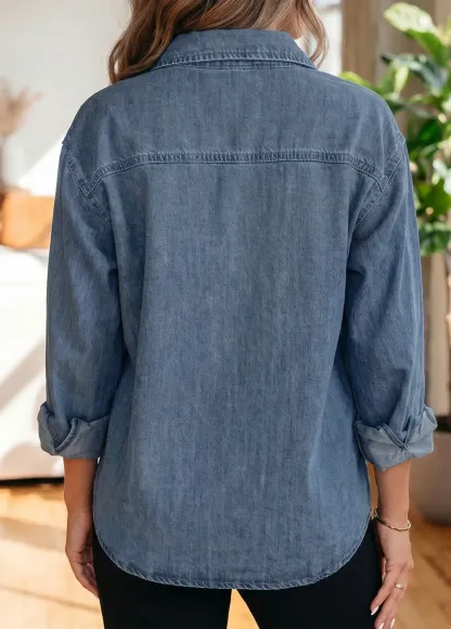Sky Blue Color Block Pocket Detail Casual Button Down Denim Shirt