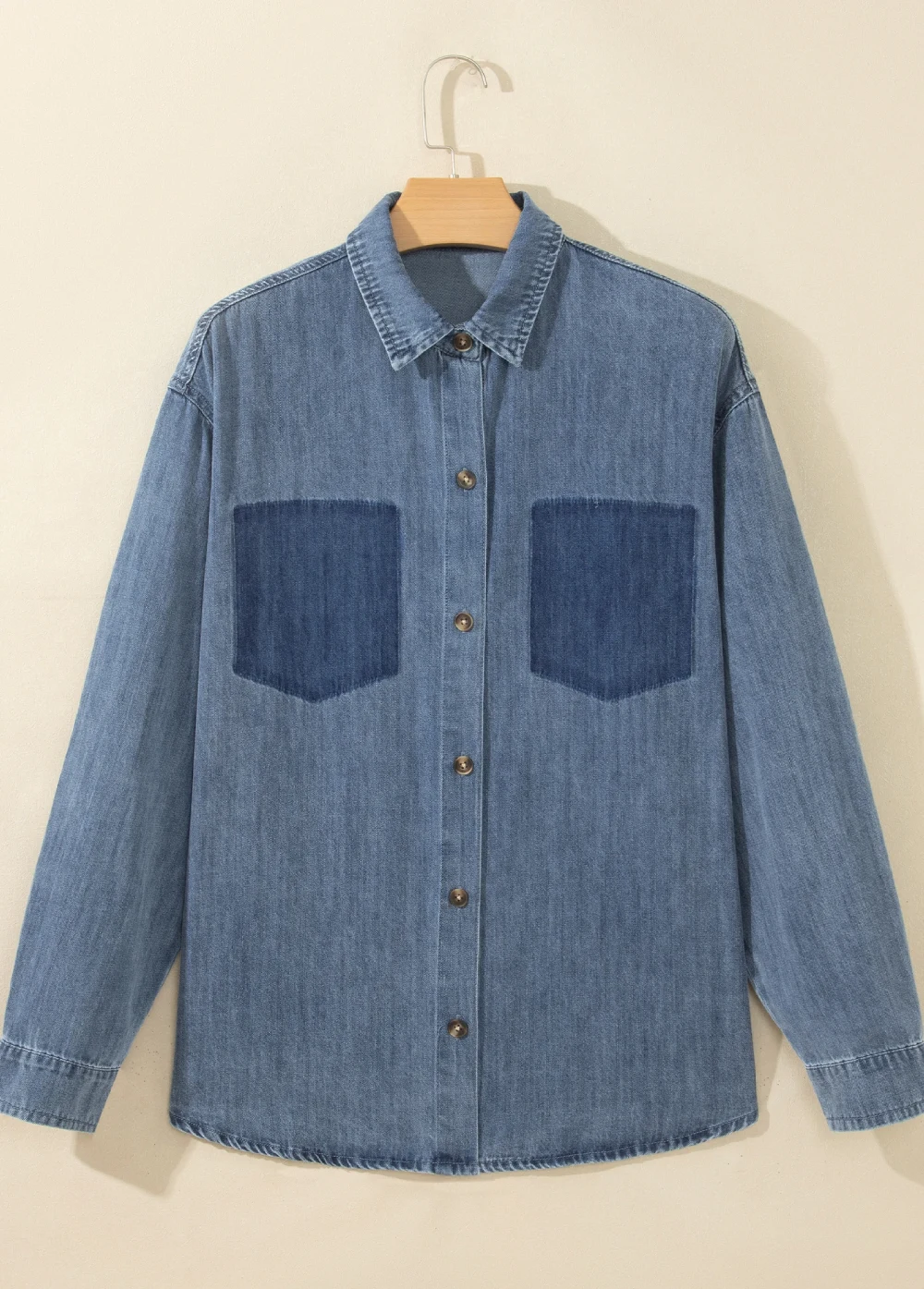 Sky Blue Color Block Pocket Detail Casual Button Down Denim Shirt