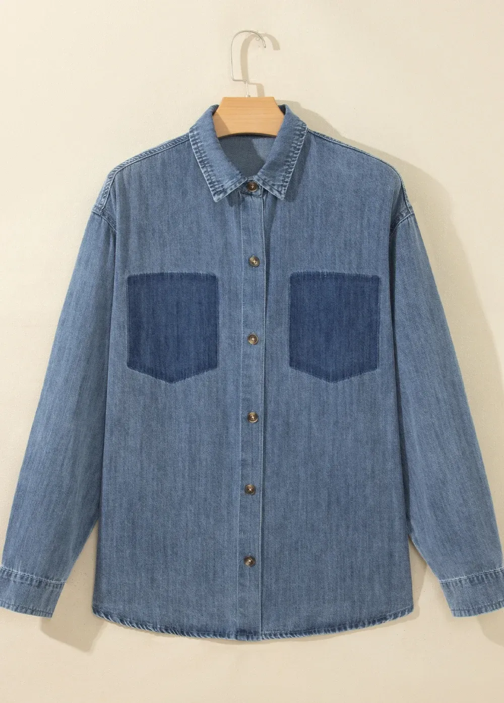 Sky Blue Color Block Pocket Detail Casual Button Down Denim Shirt