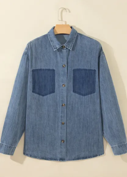 Sky Blue Color Block Pocket Detail Casual Button Down Denim Shirt