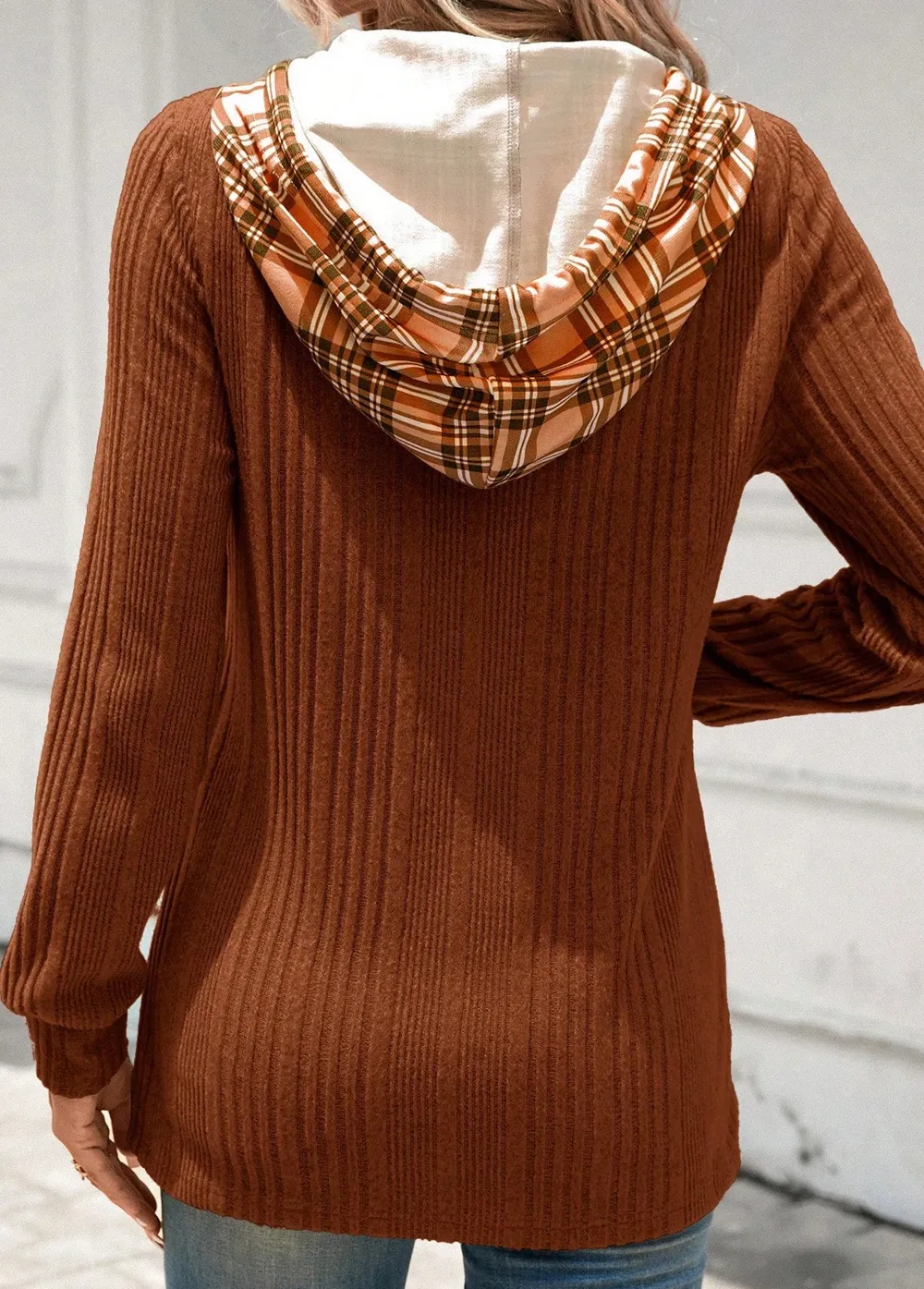 Chestnut Plaid Patchwork Ribbed Knit Drawstring Hooded Top