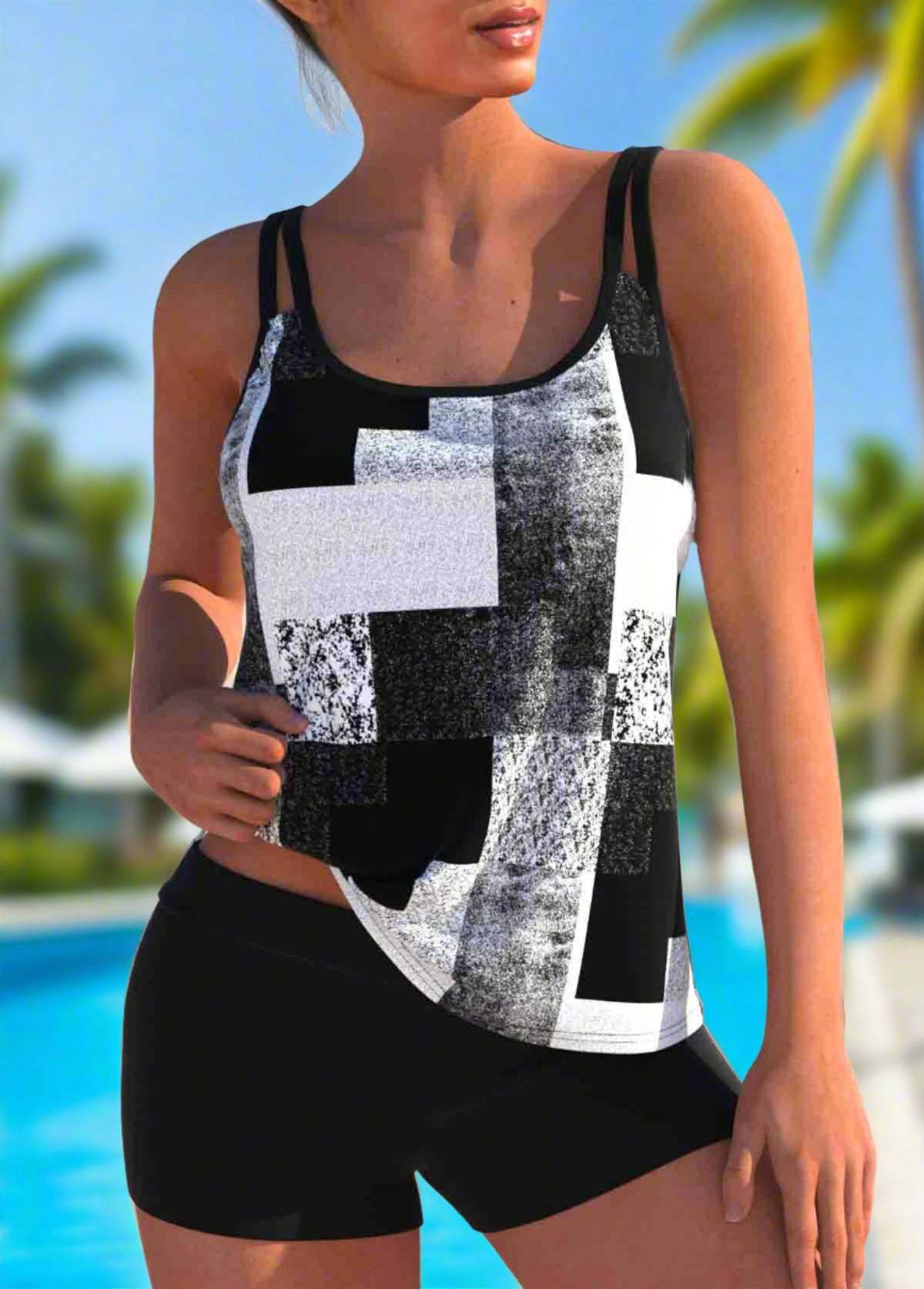 Geometric Print Wide Strap Tankini Set