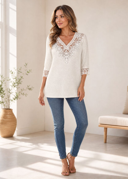 Women Lace V‑Neck 3/4 Sleeve Tunic Top