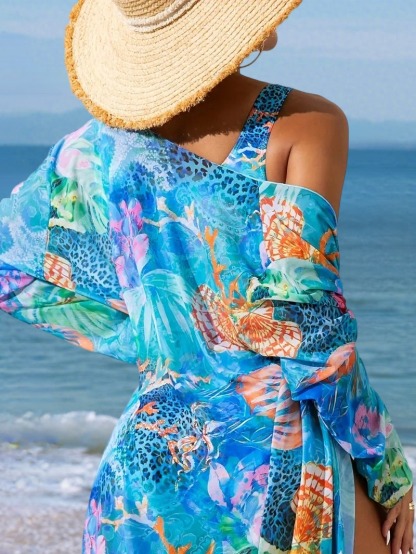  Tropical Floral Print Long Kimono Beach Cover Up