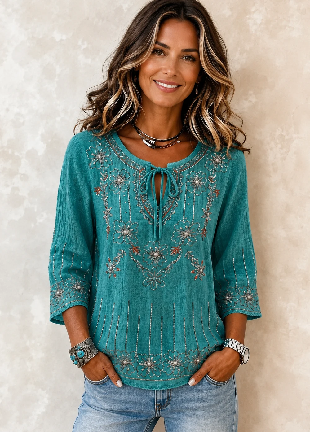 Women’s Turquoise Floral Embroidered Boho Tunic Top with 3/4 Sleeves Top