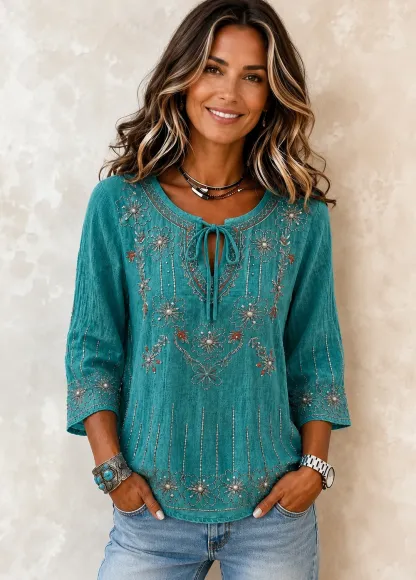 Women’s Turquoise Floral Embroidered Boho Tunic Top with 3/4 Sleeves Top