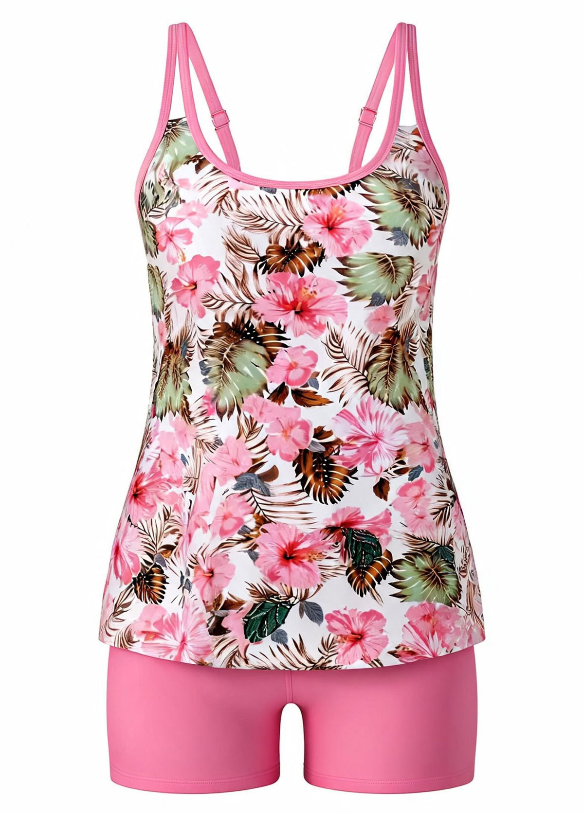 Pink Hibiscus Floral Print Adjustable Strap Swing Tankini Set