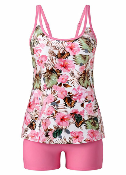 Pink Hibiscus Floral Print Adjustable Strap Swing Tankini Set