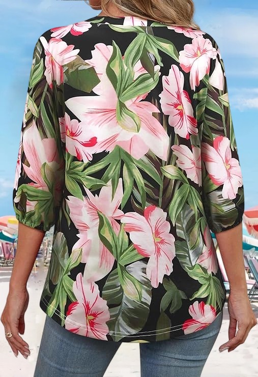  Floral Printed  Casual Buttons Down Soft Tunic Tops