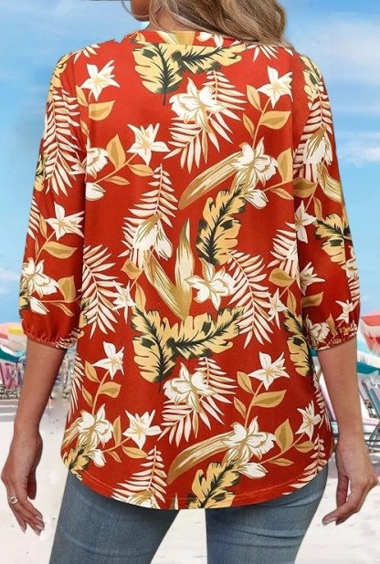  Floral Printed  Casual Buttons Down Soft Tunic Tops