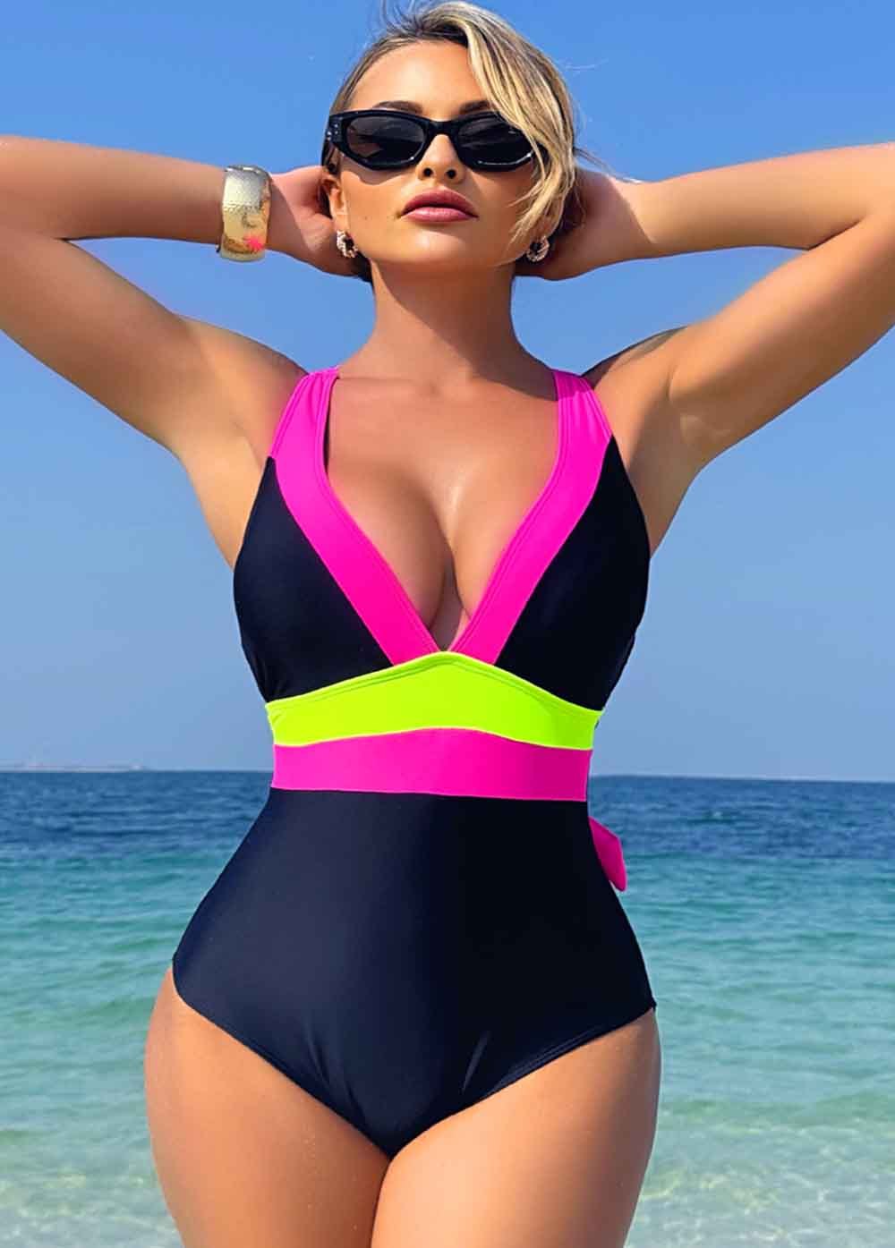 Spaghetti Strap Color Block One Piece Swimwear