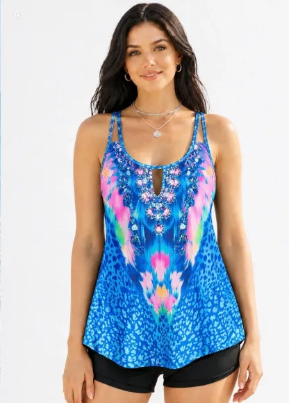 Blue Floral Print Tummy Coverage Tankini Set